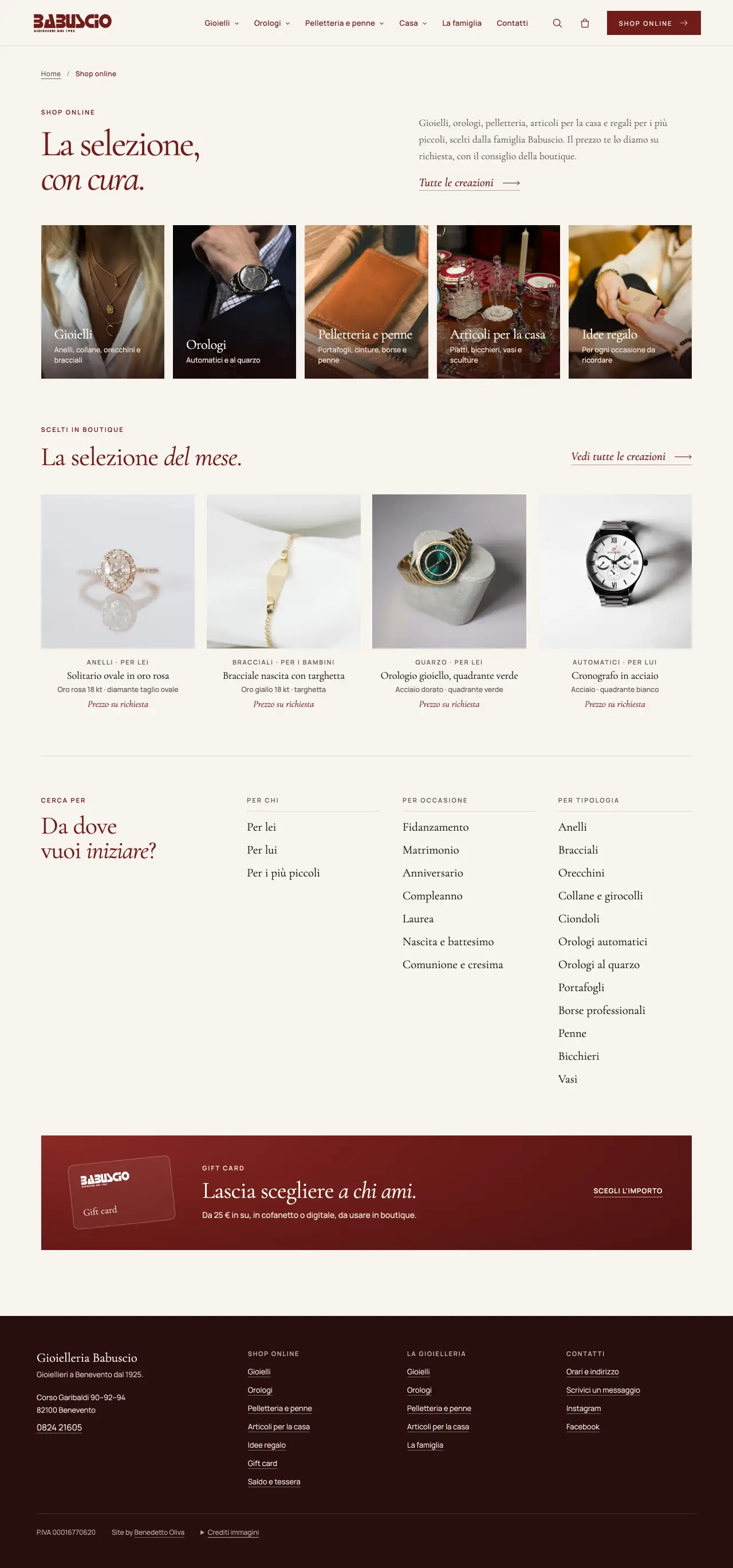 Pagina Shop online della Gioielleria Babuscio, dall’alto al basso: categorie, selezione del mese, ricerca per persona e occasione, gift card e piè di pagina